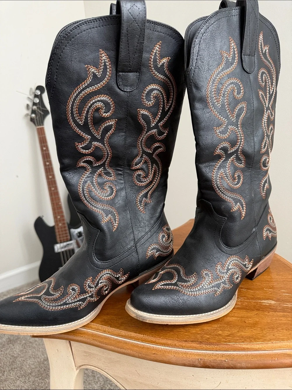 Women's Black Over-the-Knee Western Boots with Tan Embroidery